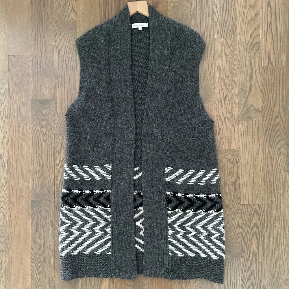White + Warren Alpaca Jacquard Vest Charcoal Multi Longline Open Front Grey S - Picture 3 of 8